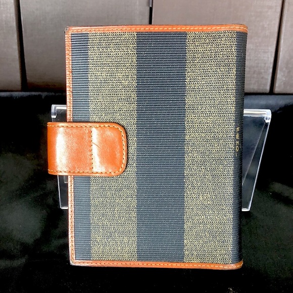 FENDI PEQUIN PECAN Striped Agenda Binder Passport Holder Credit Card Wallet - Picture 2 of 12